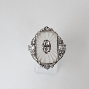 Very Rare Vintage Camphor Glass & Diamond Simulant Ring Sterling Silver Sz 6